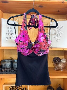 Cache Y2K Floral Silk Halter Top Size M Boho Glam Chic